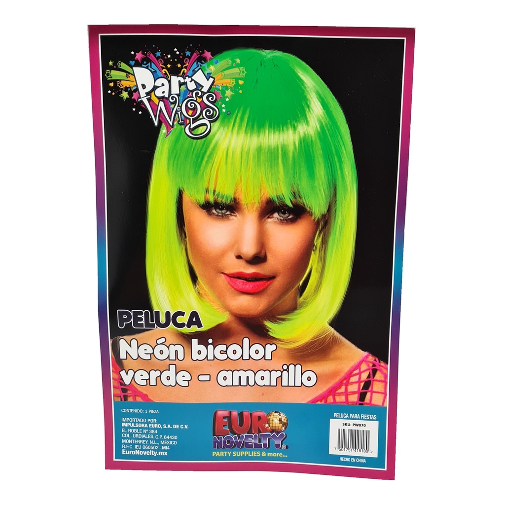 Peluca Neon Bicolor Verde - Amarillo C/1