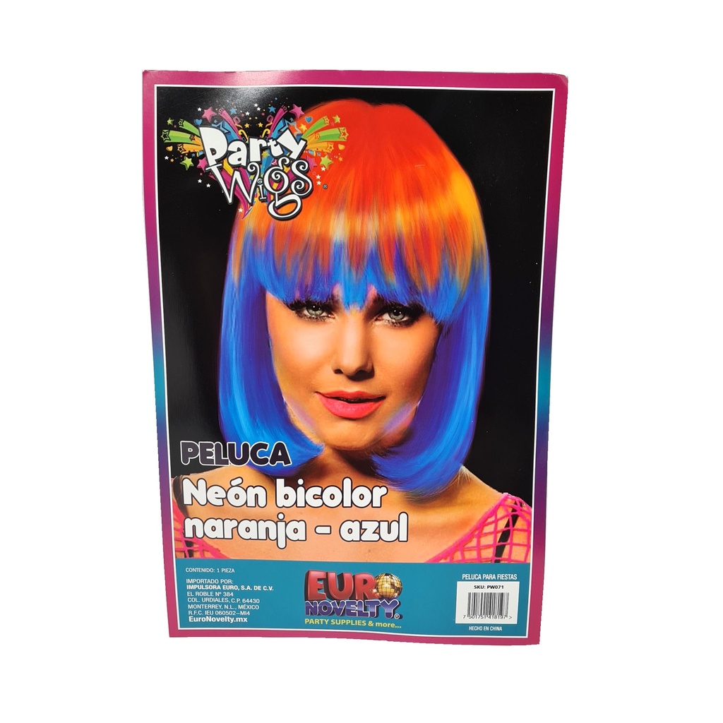 Peluca Neon Bicolor Naranja - Azul C/1