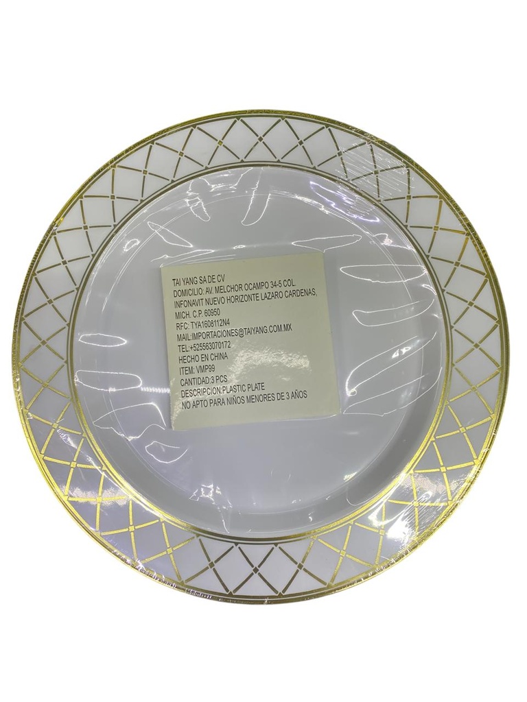 Plato 10" Plastico Borde Diseño Oro C/3