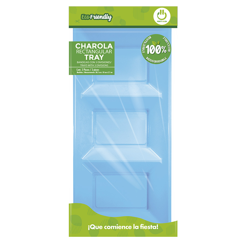 Charola Rectangular Con Division Azul C/3