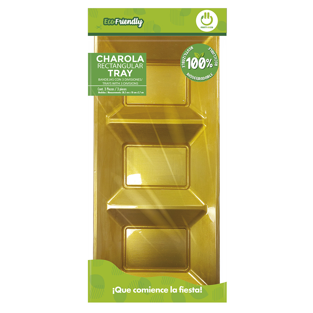 Charola Rectangular Con Division Oro C/3